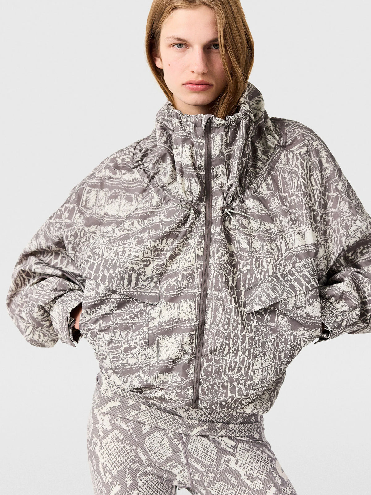 Almond Milk and Charcoal Crocodile Print Windbreaker Jacket