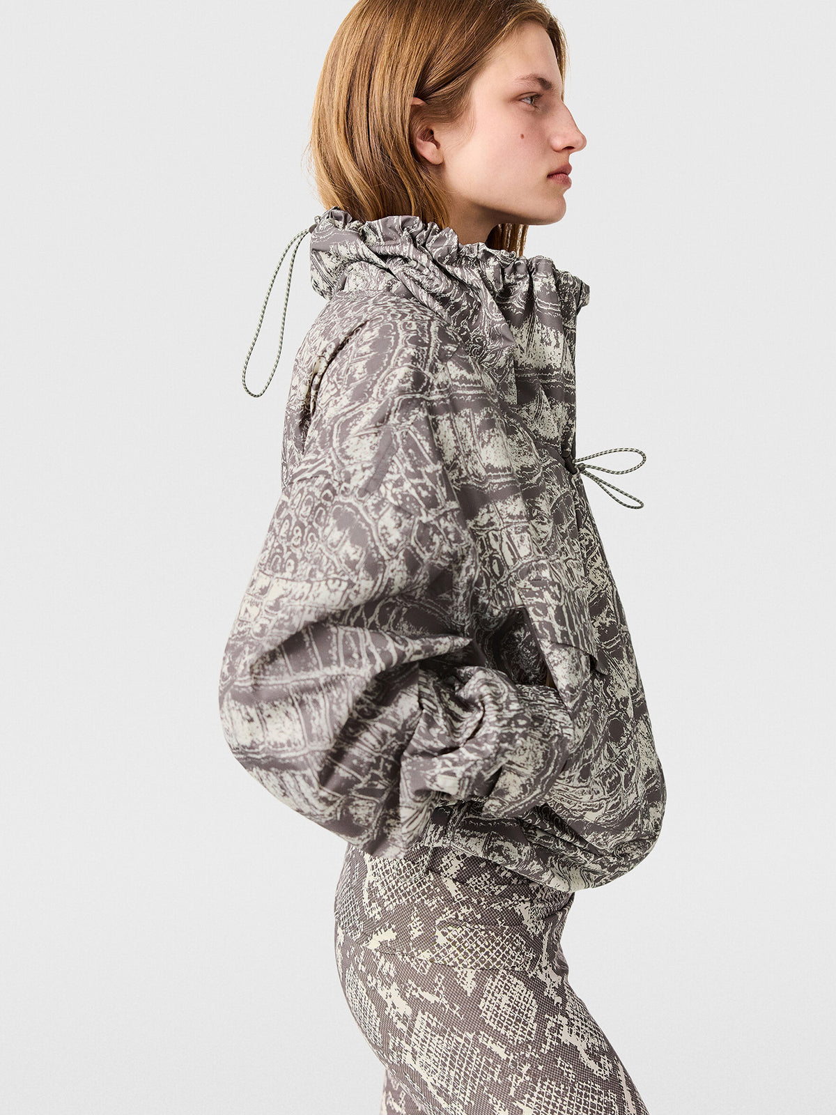 Almond Milk and Charcoal Crocodile Print Windbreaker Jacket
