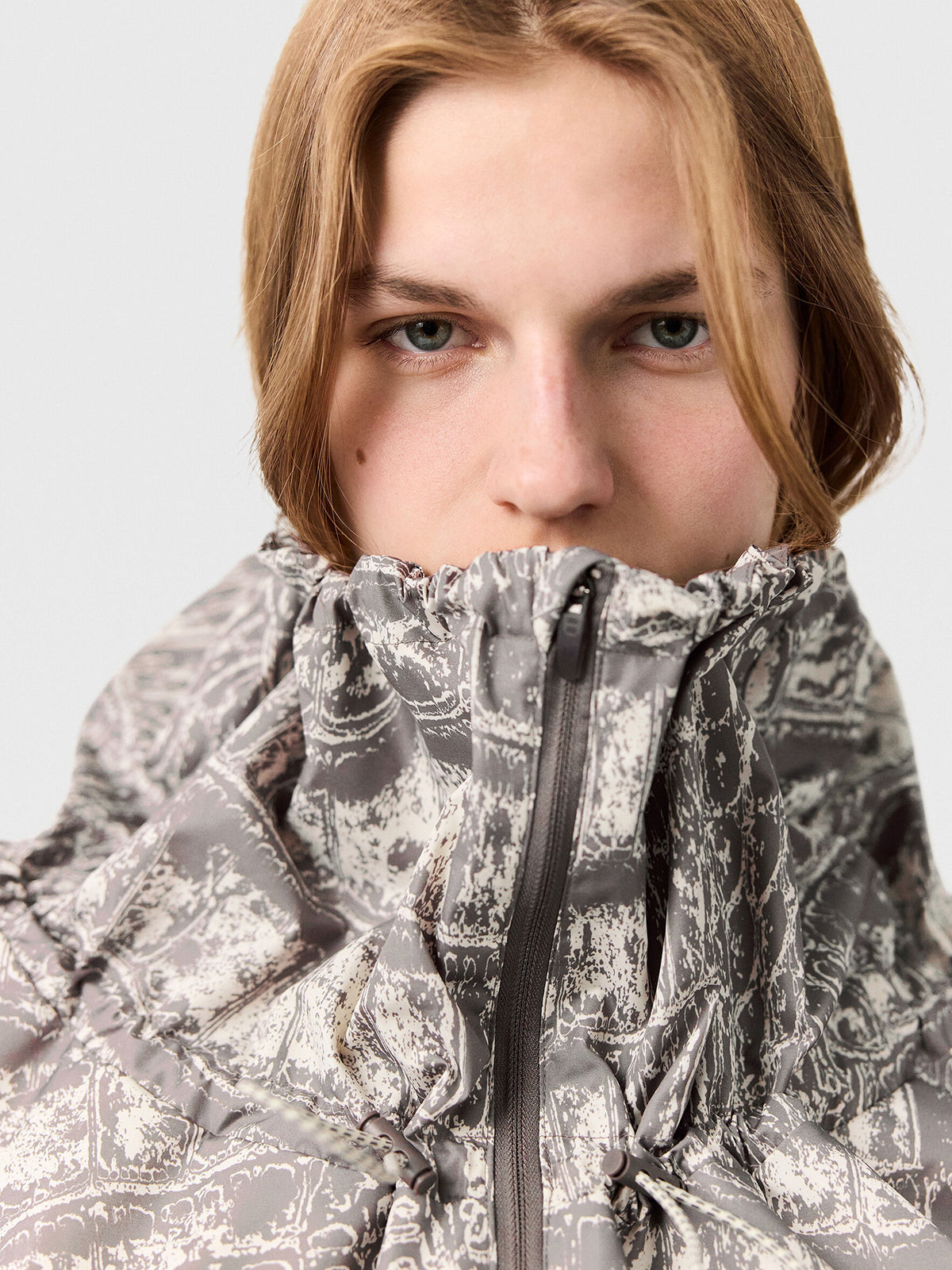 Almond Milk and Charcoal Crocodile Print Windbreaker Jacket