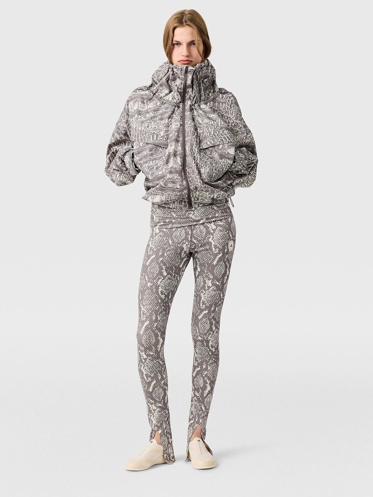 Almond Milk and Charcoal Crocodile Print Windbreaker Jacket