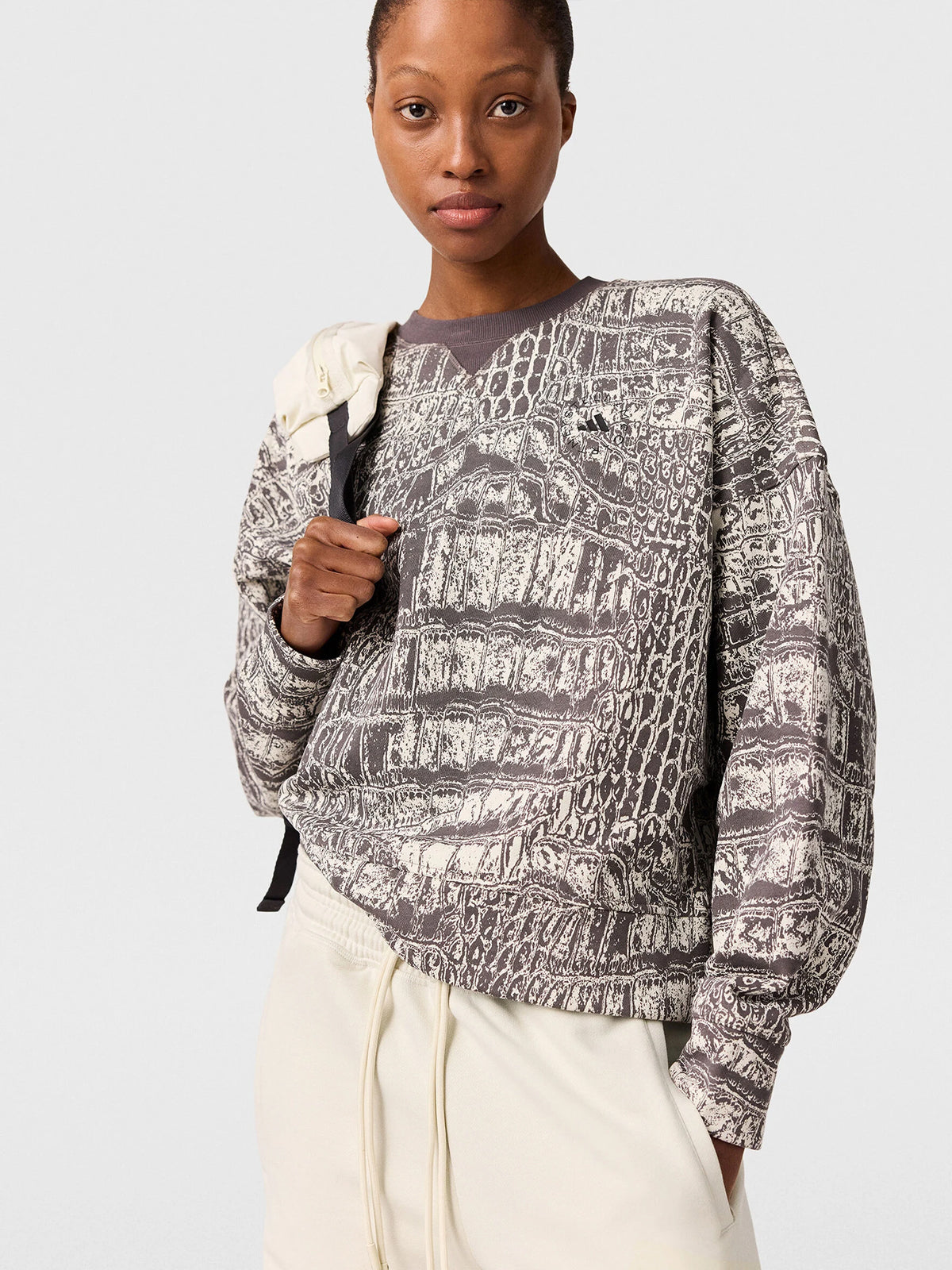 Almond Milk and Charcoal Crocodile Print Crewneck Sweatshirt