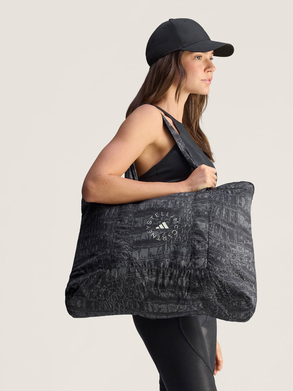 Black Almond Milk Crocodile Print Packable Tote Bag