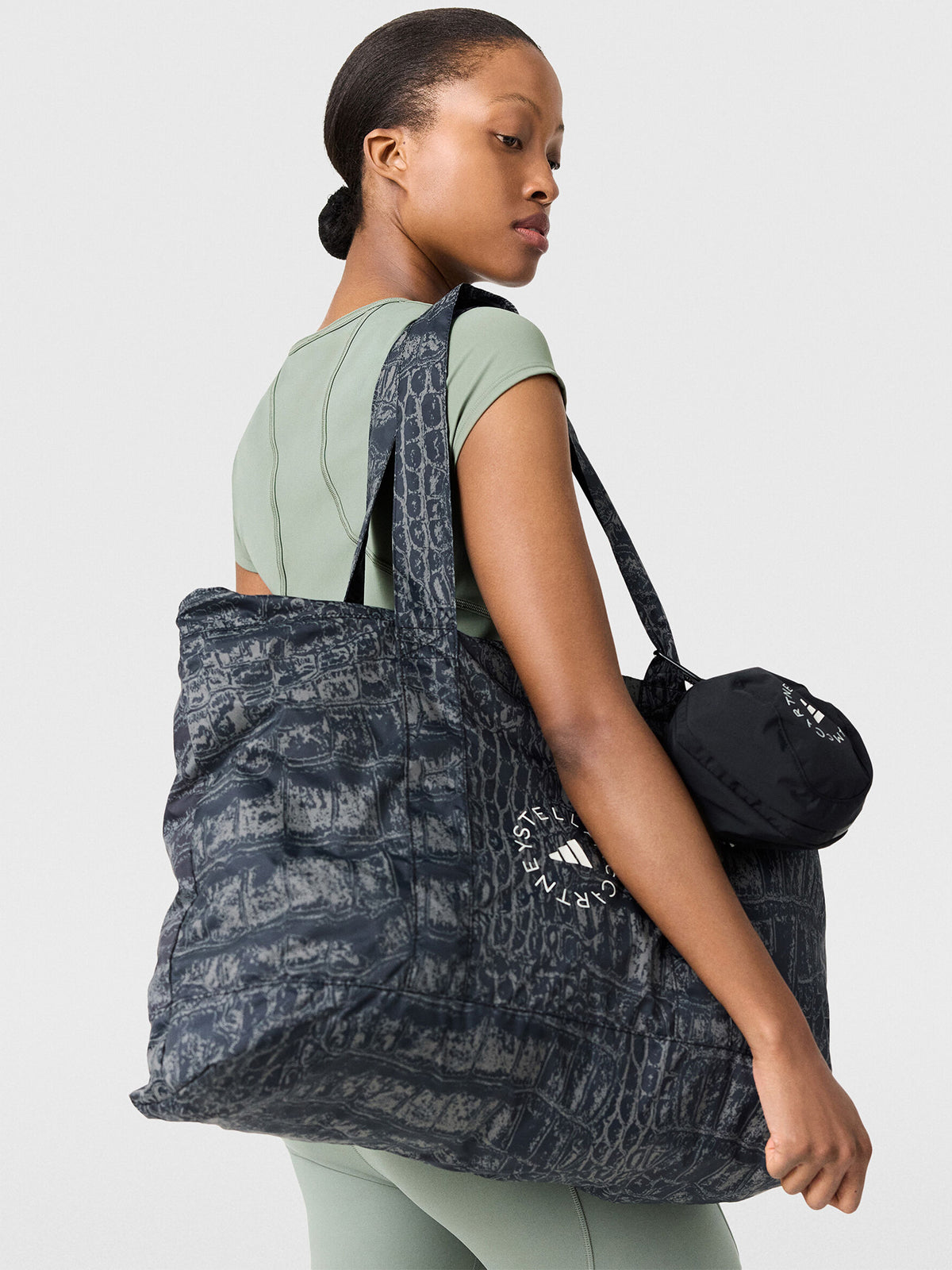 Black Almond Milk Crocodile Print Packable Tote Bag