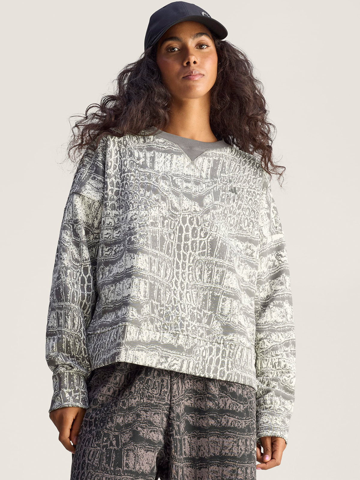 Almond Milk and Charcoal Crocodile Print Crewneck Sweatshirt