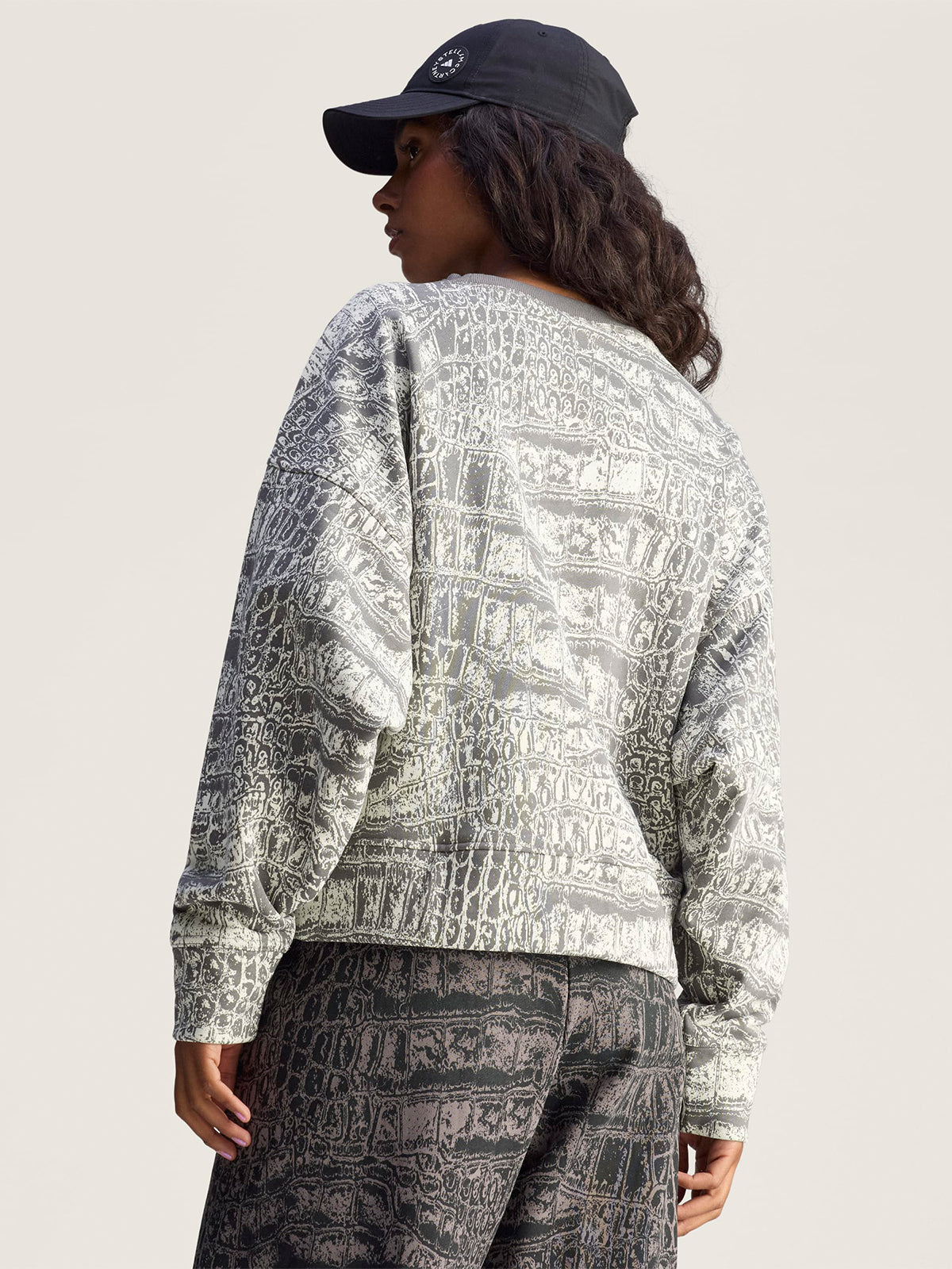 Almond Milk and Charcoal Crocodile Print Crewneck Sweatshirt