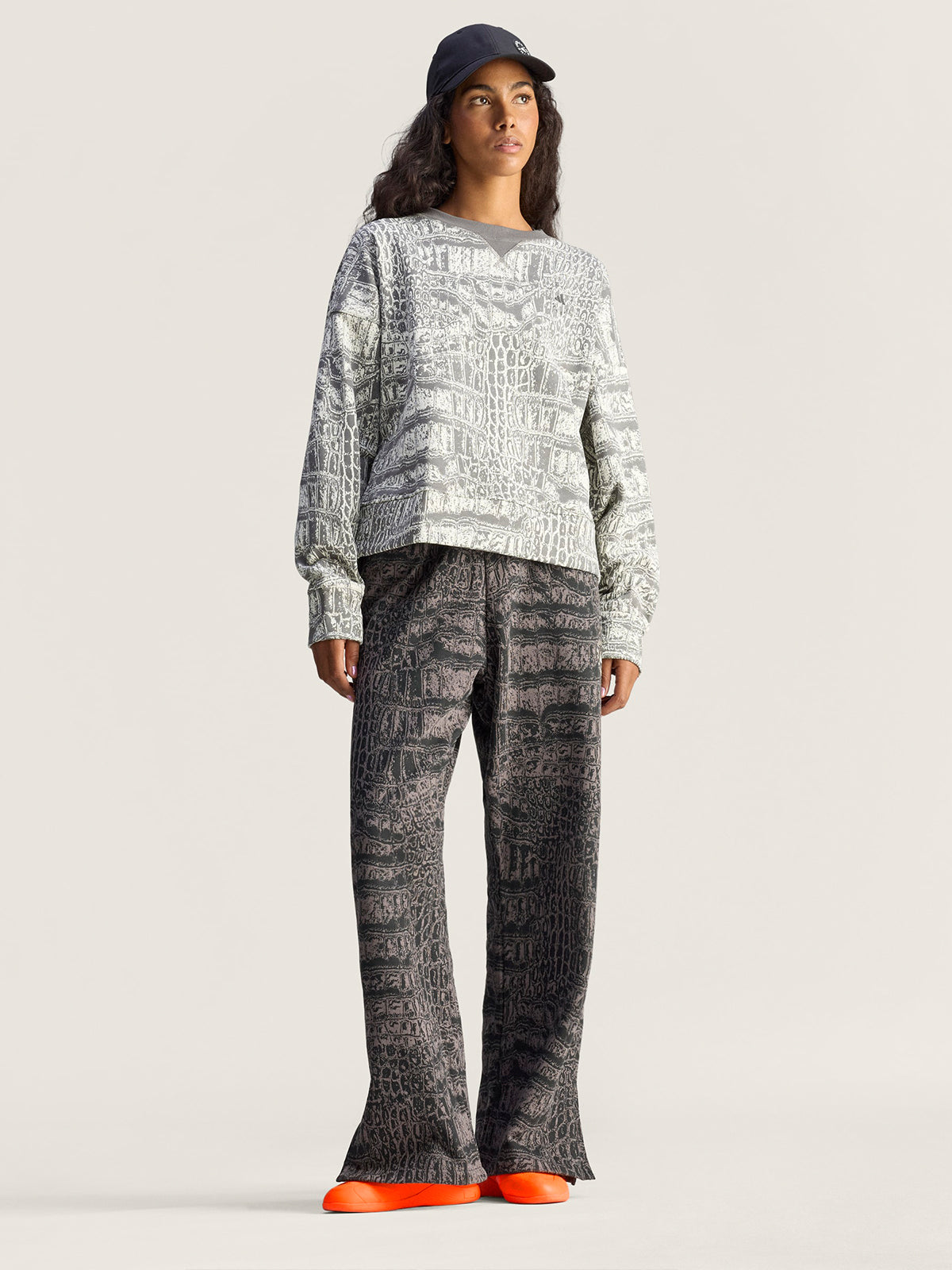 Almond Milk and Charcoal Crocodile Print Crewneck Sweatshirt