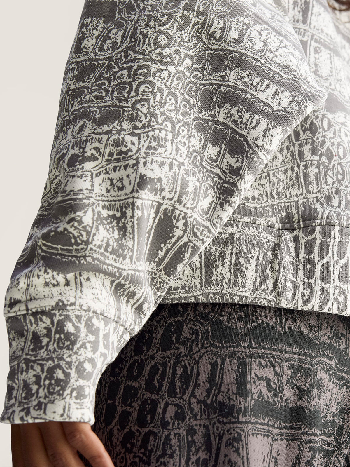 Almond Milk and Charcoal Crocodile Print Crewneck Sweatshirt