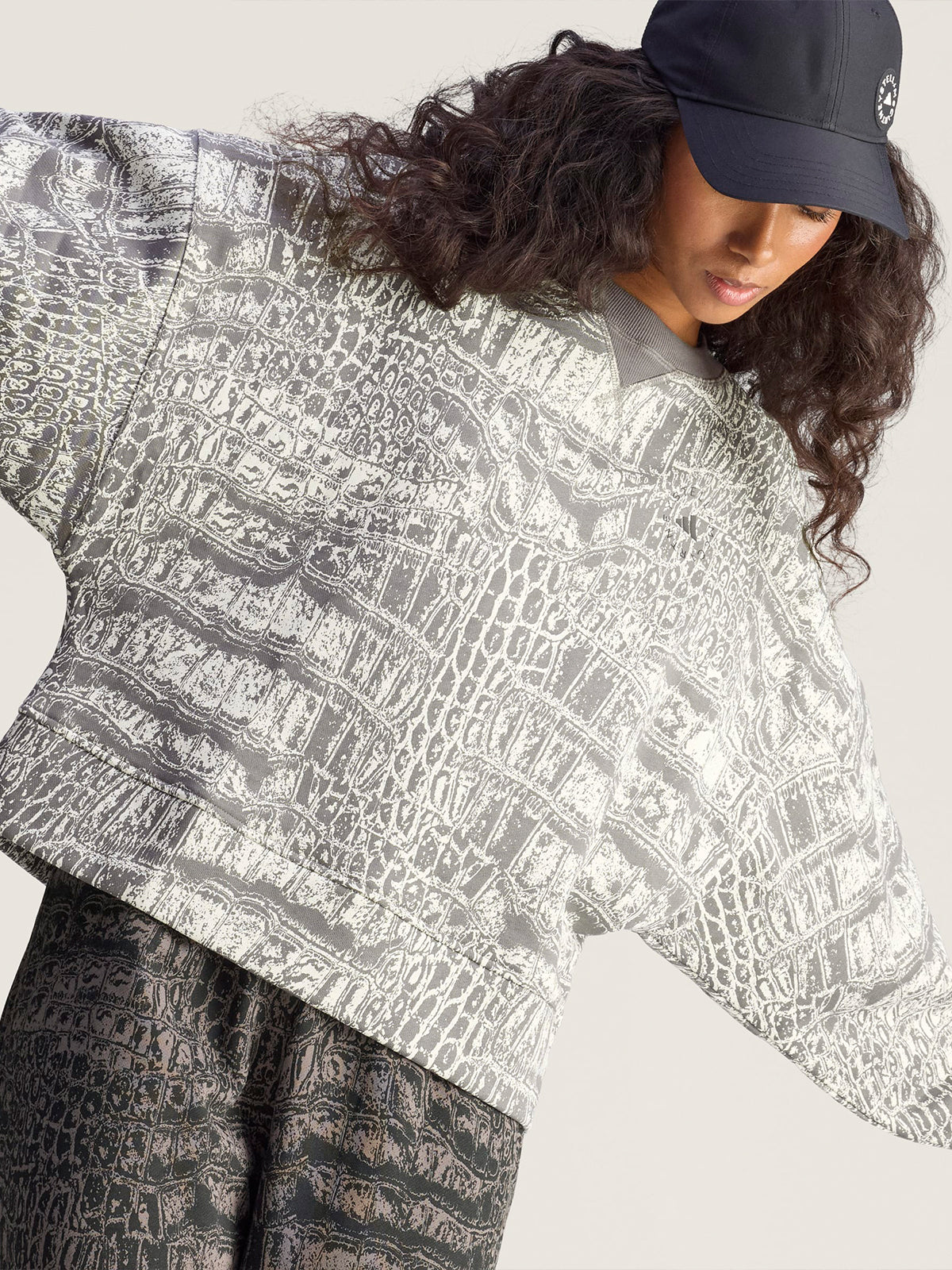 Almond Milk and Charcoal Crocodile Print Crewneck Sweatshirt