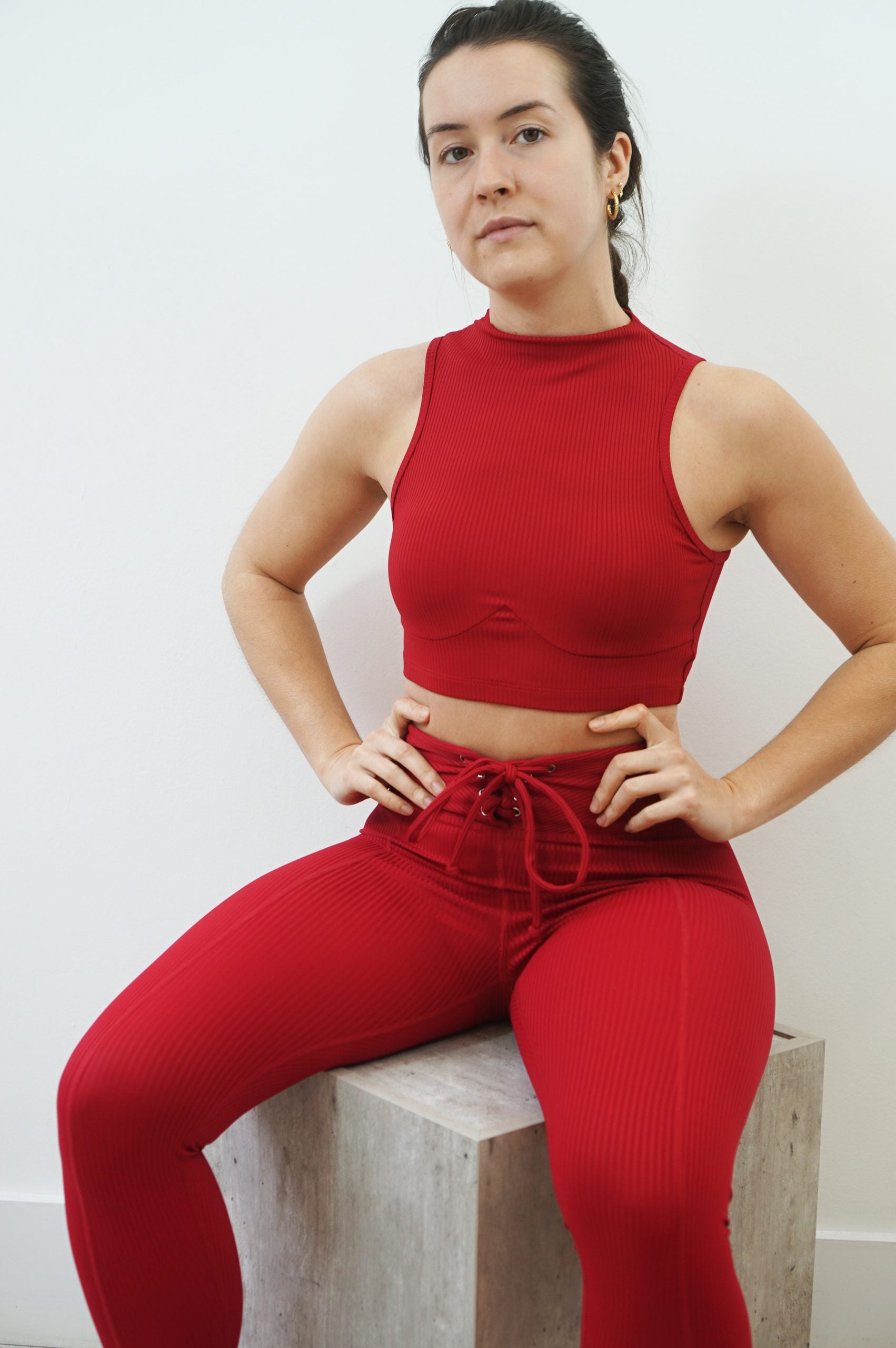 Red Ribbed Mockneck Sports Bra