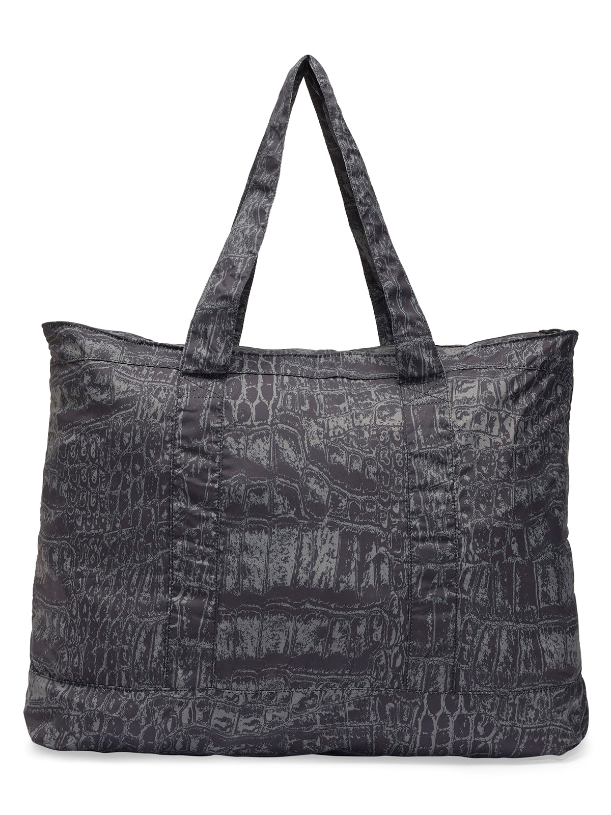 Black Almond Milk Crocodile Print Packable Tote Bag